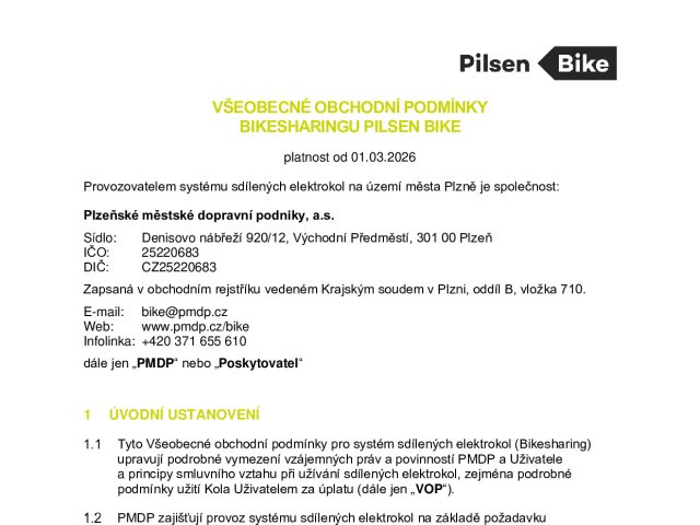 Všeobecné obchodní podmínky Bikesharingu Pilsen Bike od 1.3.2026