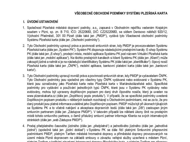 Všeobecné obchodní podmínky Systému Plzeňská karta od 1.2.2026